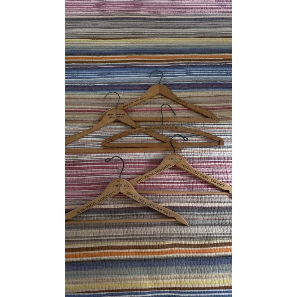Vtg 5 pc Lot Antique Wire Hangers Advertising Wooden Clothes ny nj fl mo